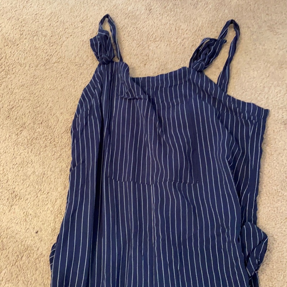 navy blue striped wide leg jumpsuit